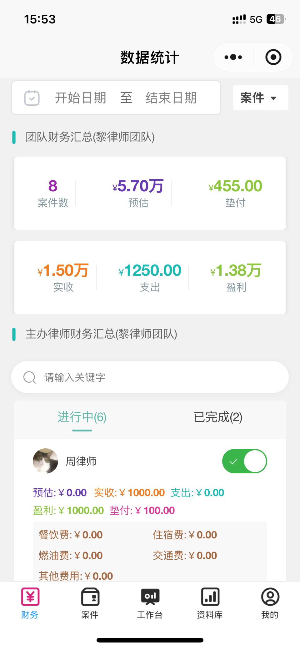 律政易团队财务管理界面，提供案件收益统计、成本控制和报销管理功能